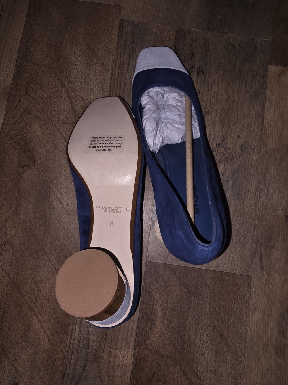 Charlotte Stone Navy and Light Gray Suede Square-Toe Pumps - Picture 3 of 3